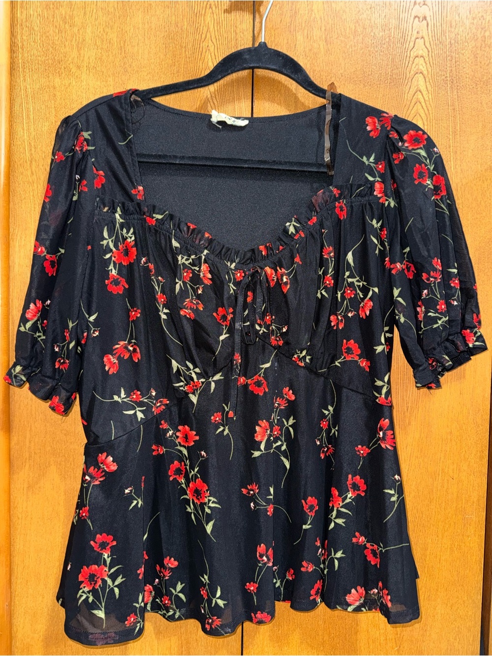 Ember Black Floral Peasant Top with Red Flowers